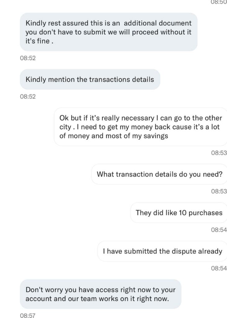 captura de pantalla de mi contacto con el banco luego que hicieron fraude con mi tarjeta