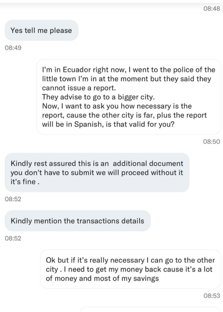 captura de pantalla de mi contacto con el banco luego que hicieron fraude con mi tarjeta