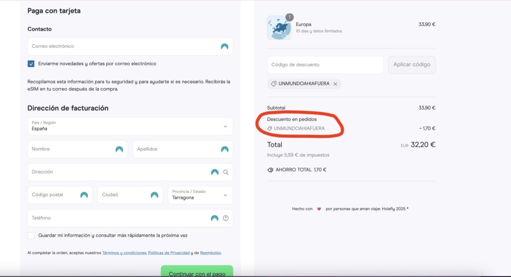captura de pantalla para explicar como obtener el código descuento holafly