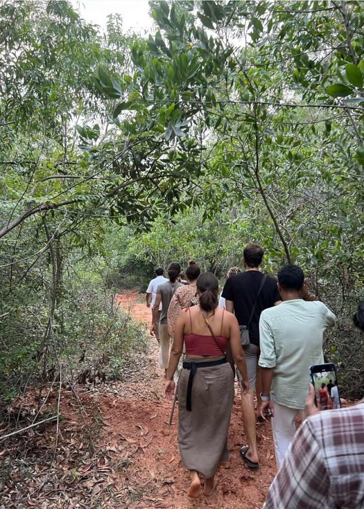 Gente caminando por el bosque durante un tour en Sadhana Forest