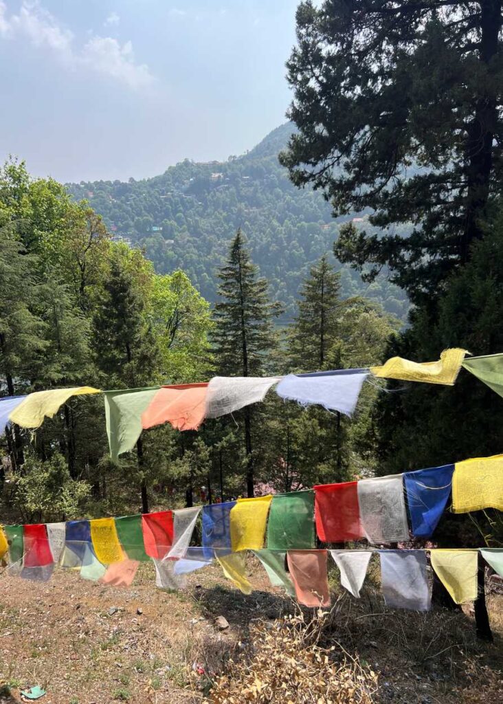 Banderas tibetanas y la montaña de fondo
